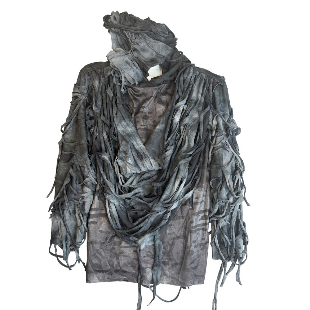 Zombie Hoodie Tattered Shredded Top Kids M Womens Gray Black Halloween Costume